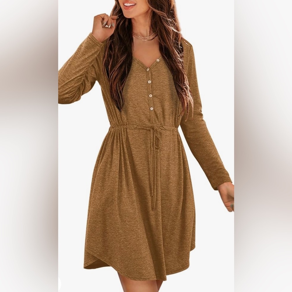 Amoretu Womens Summer Long Sleeved Dresses Soft Empire Waist Dress Brown XL